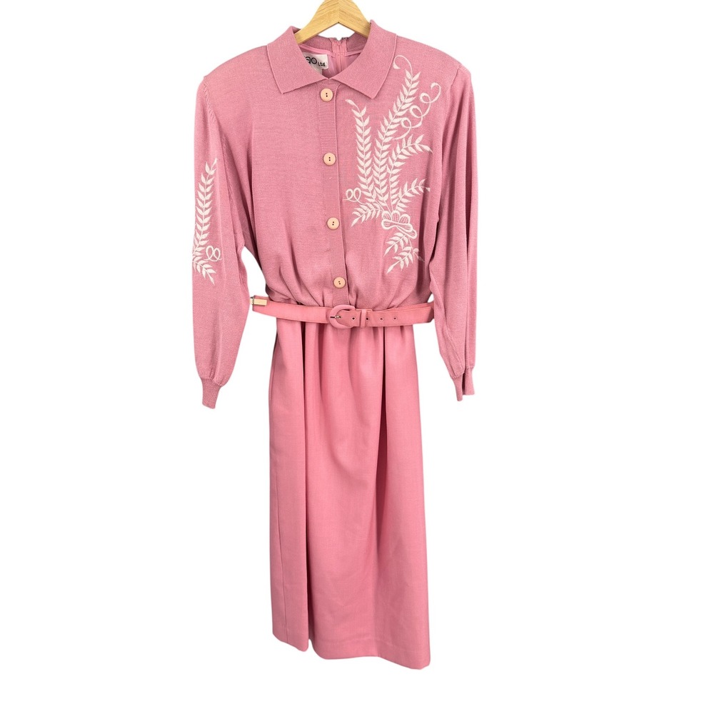 Vintage Ciao Ltd Dress Size 10 Pink Embroidered Silk‎ Cotton Knit Top Belted